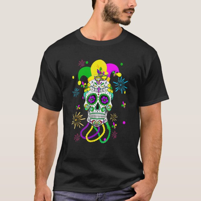 Sugar Skull Carnival Mask Jester Hat Mardi Gras Gi T-Shirt (Front)