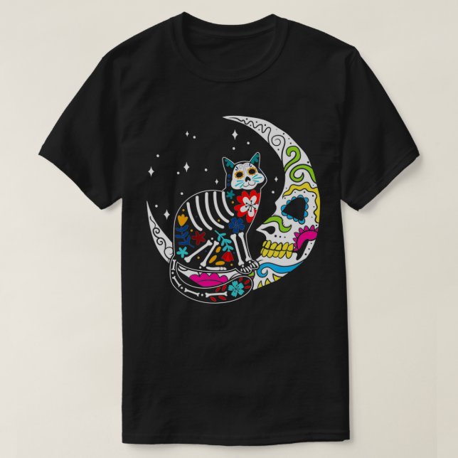 Sugar Skull Cat And Moon Clothing Men Women Day of T-Shirt (Design Front)