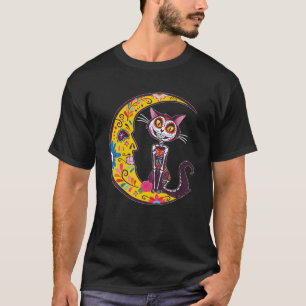 Sugar Skull Cat And Moon Dia De Los Muertos Mexico T-Shirt