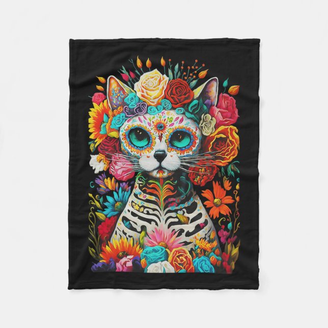 Sugar Skull Cat De Los Muertos La Catrina Day Of T Fleece Blanket (Front)