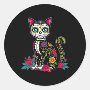 Sugar Skull Cat Dia De Muertos Day Of Dead Hallowe Classic Round Sticker