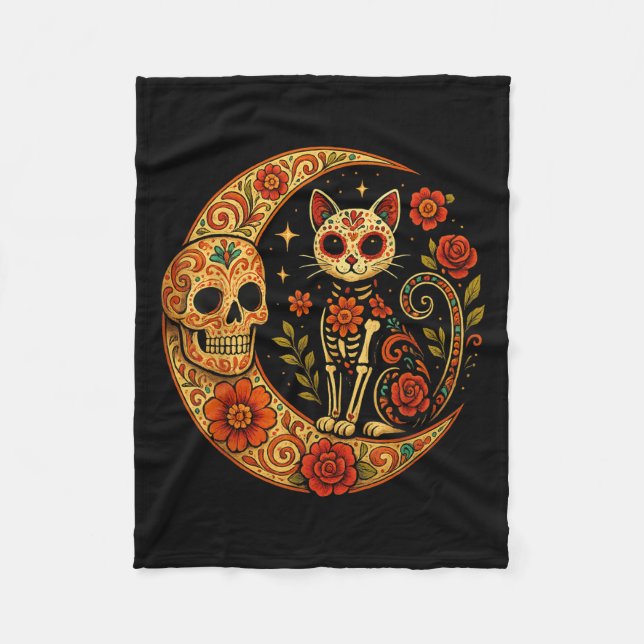 Sugar Skull Cat Moon Dia De Los Muertos Funny Hall Fleece Blanket (Front)