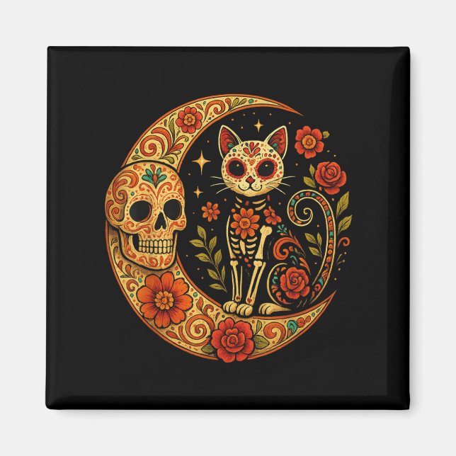 Sugar Skull Cat Moon Dia De Los Muertos Funny Hall Magnet (Front)