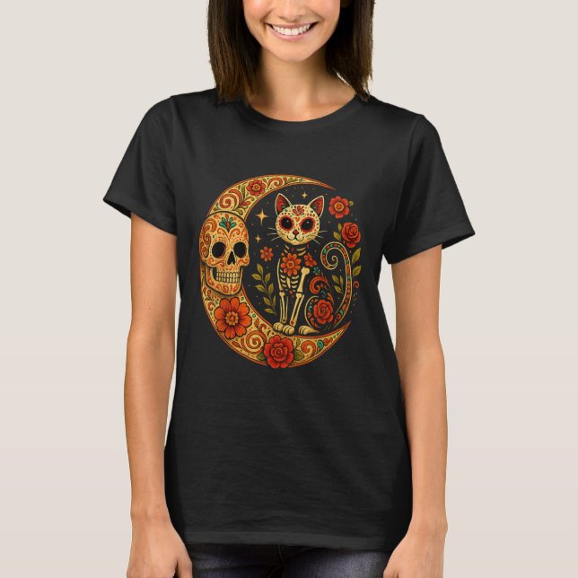 Sugar Skull Cat Moon Dia De Los Muertos Funny Hall T-Shirt (Front)