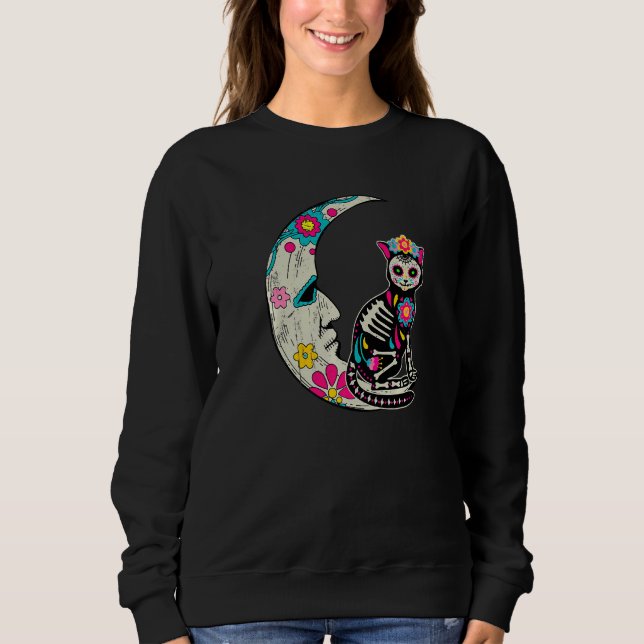 Sugar Skull Cat Moon Dia De Los Muertos Mexican Da Sweatshirt (Front)