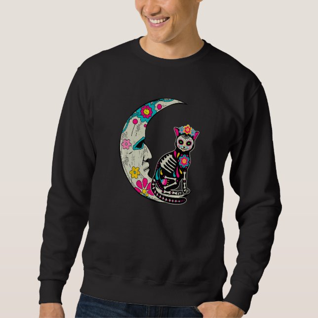 Sugar Skull Cat Moon Dia De Los Muertos Mexican Da Sweatshirt (Front)