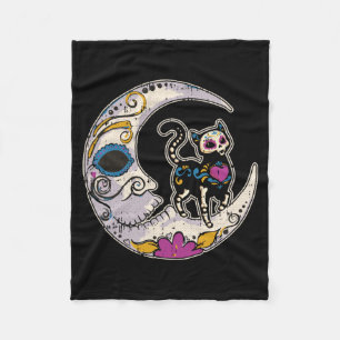 Sugar Skull Cat Moon Dia De Los Muertos Mexican Fleece Blanket