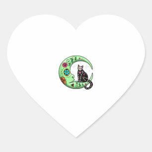 Sugar Skull Cat & Moon Funny Dia de Los Muertos Da Heart Sticker