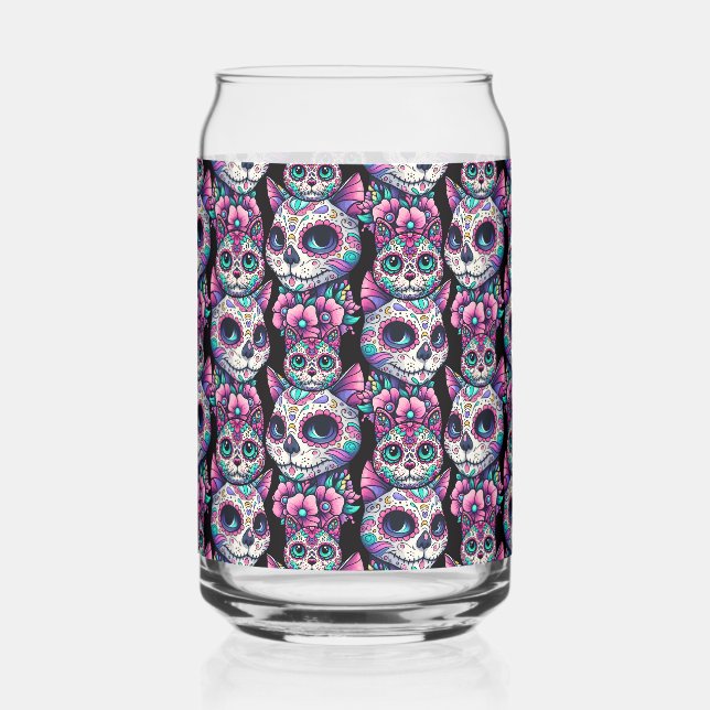 Sugar Skull Cat Pattern Can Glass (Front)
