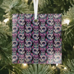 Sugar Skull Cat Pattern Glass Tree Decoration