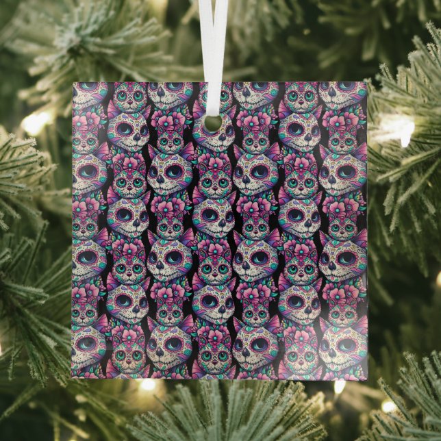 Sugar Skull Cat Pattern Glass Tree Decoration (Insitu)