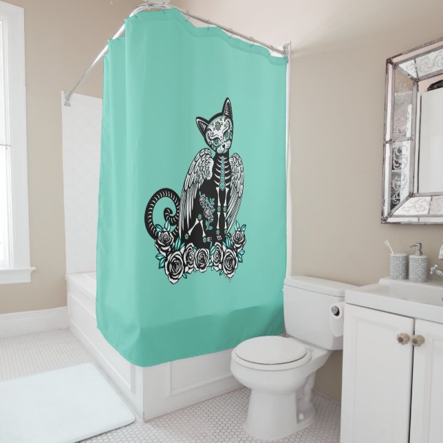Sugar Skull Cat Shower Curtain (In Situ)