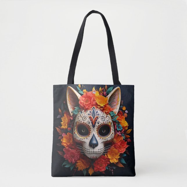 Sugar Skull Cat with Flowers Tote Bag (Front)