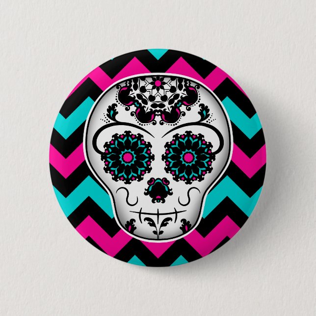 Sugar skull chevron stripes design 6 cm round badge (Front)