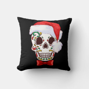 Sugar Skull Christmas Pillow with Santa Hat