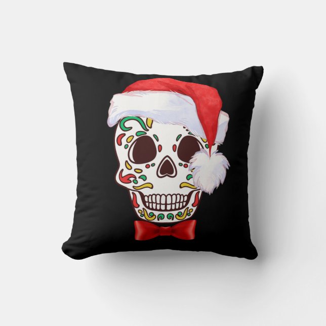 Sugar Skull Christmas Pillow with Santa Hat (Front)