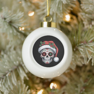 Sugar Skull Christmas Santa Hat Day Of The Dead Ceramic Ball Christmas Ornament