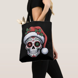 Sugar Skull Christmas Santa Hat Day Of The Dead Tote Bag