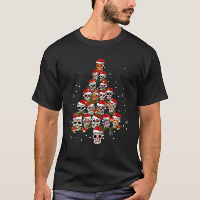 Sugar Skull Christmas Tree With Santa Hat Tee (Front)