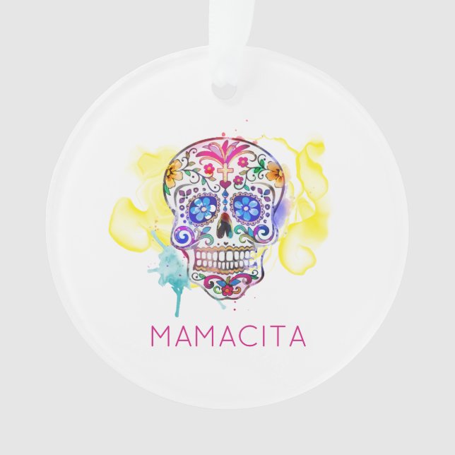 Sugar Skull Colourful Day of the Dead NAME Memoria Ornament (Front)