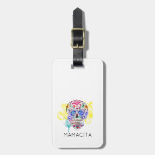 Sugar Skull Colourful Inked Day of the Dead NAME Luggage Tag