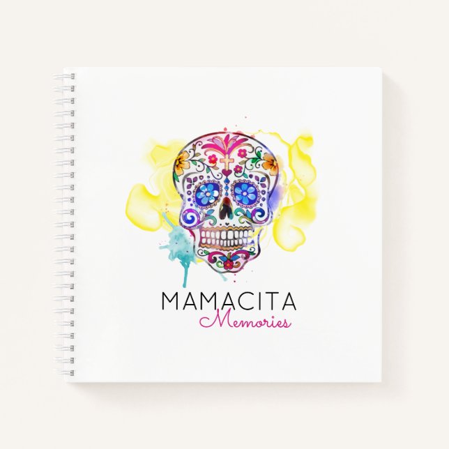 Sugar Skull Colourful Watercolor NAME Memories Boo Notebook (Front)