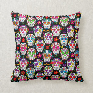 sugar skull cushion with bright colours on black