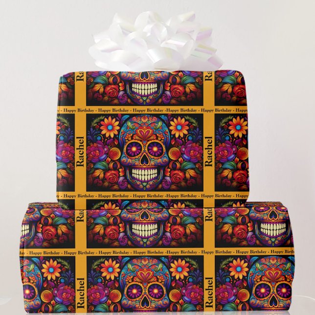 Sugar Skull Day of the Dead Birthday Add Name Wrapping Paper (Creator Uploaded)