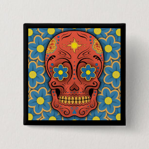 Sugar Skull - Day of the Dead (Blue Daisies) 15 Cm Square Badge