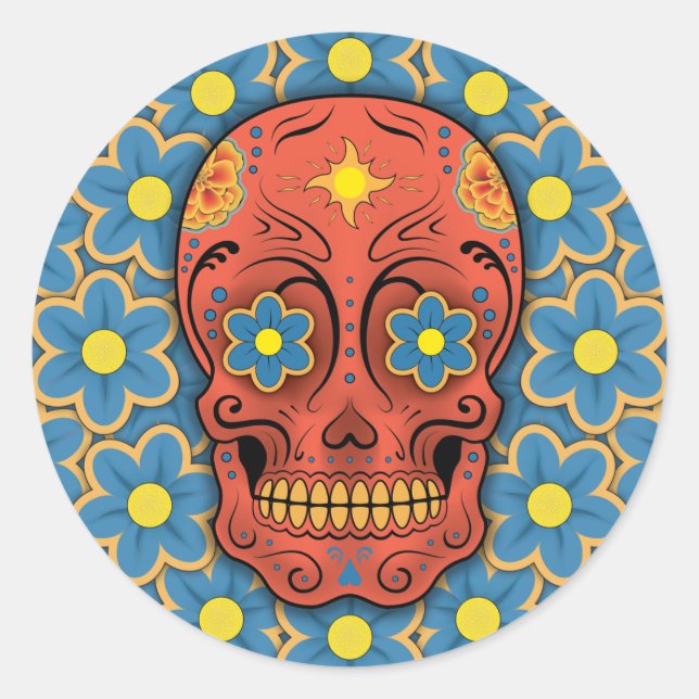 Sugar Skull - Day of the Dead (Blue Daisies) Classic Round Sticker (Front)