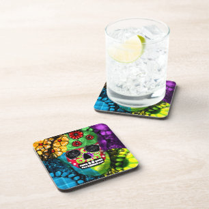 Sugar Skull Day of the Dead Floral Green Red Blue Coaster