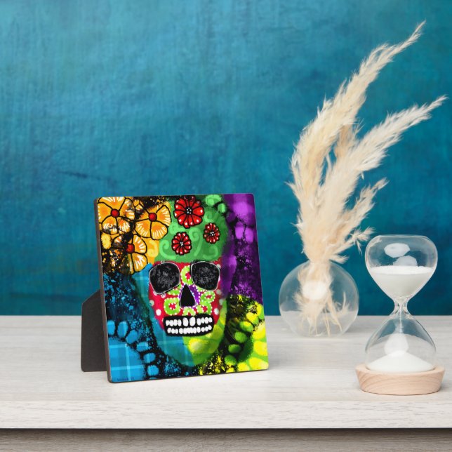 Sugar Skull Day of the Dead Floral Green Red Blue Plaque (Insitu)