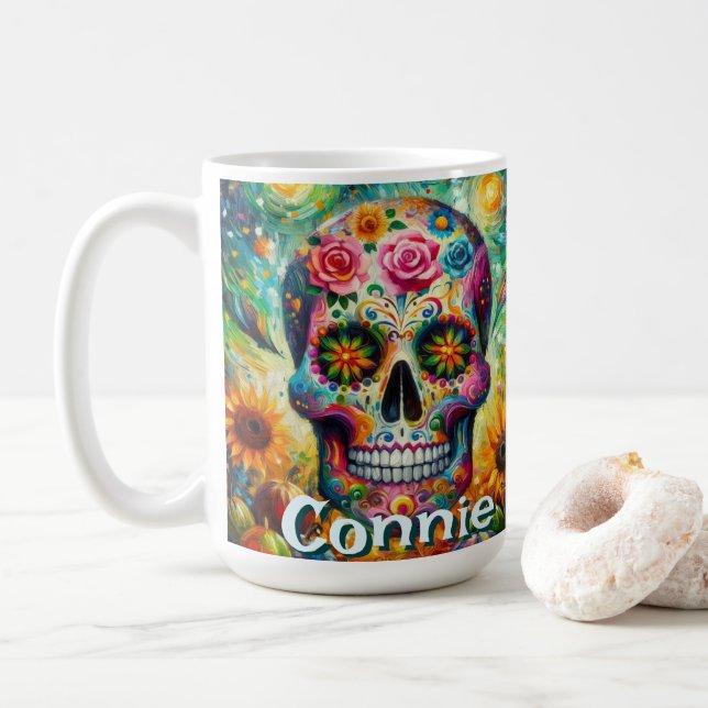 Sugar Skull Day of the Dead Floral Personalised Coffee Mug (With Donut)