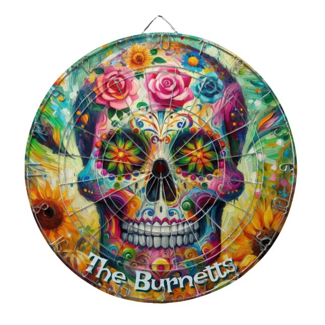Sugar Skull Day of the Dead Floral Personalised Dartboard (Front)