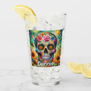 Sugar Skull Day of the Dead Floral Personalised Glass