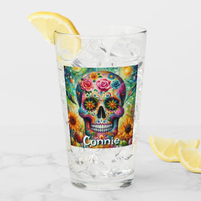Sugar Skull Day of the Dead Floral Personalised Glass (Front Ice)