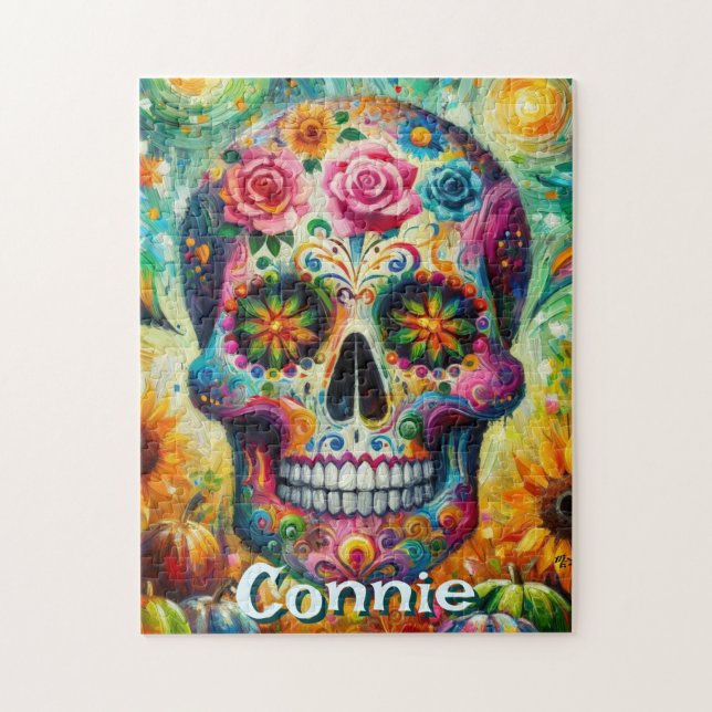 Sugar Skull Day of the Dead Floral Personalised Jigsaw Puzzle (Vertical)