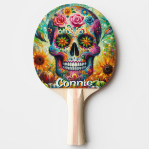 Sugar Skull Day of the Dead Floral Personalised Ping Pong Paddle