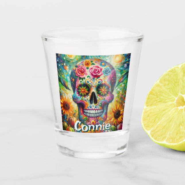 Sugar Skull Day of the Dead Floral Personalised Shot Glass (Front)