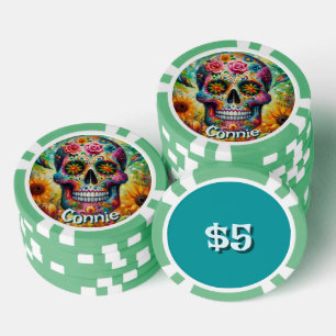 Sugar Skull Day of the Dead Floral Personalized Poker Chips
