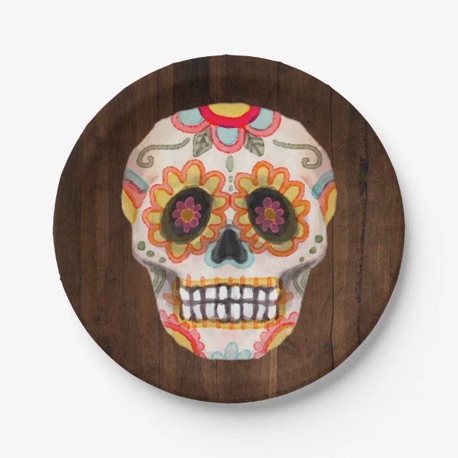 Sugar Skull Day of the Dead Halloween Party Paper Plate (Front)