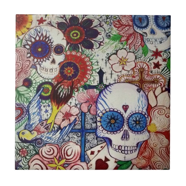 sugar skull day of the dead mexican tatto tile art (Front)
