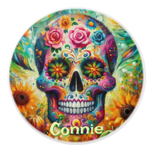 Sugar Skull Day of the Dead Personalised Ceramic Knob (Front)