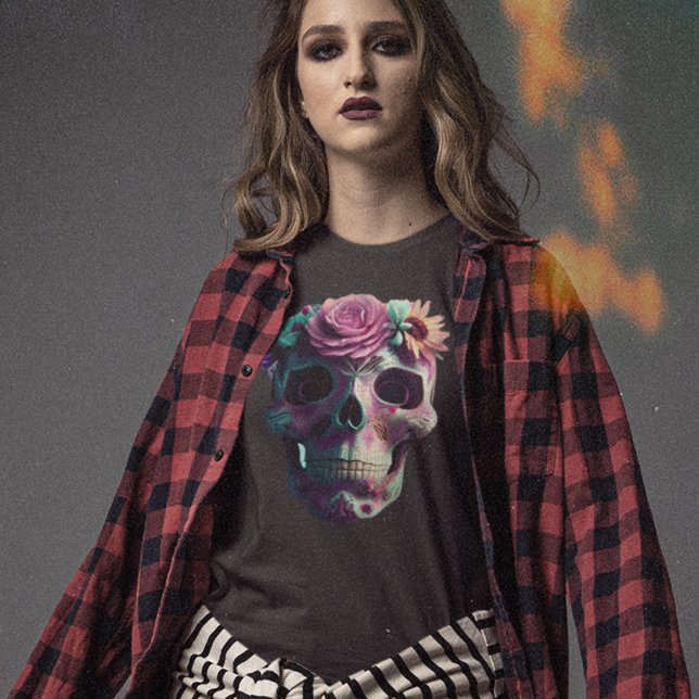 Sugar Skull, Day of The Dead, Pink & Green Skull T-Shirt (Creator Uploaded)