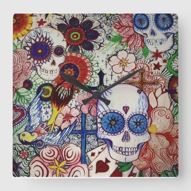 sugar skull day of the dead tattoo art clock (Front)
