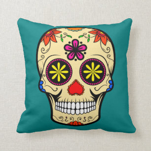Sugar Skull Day of the Dead Teal Cushion