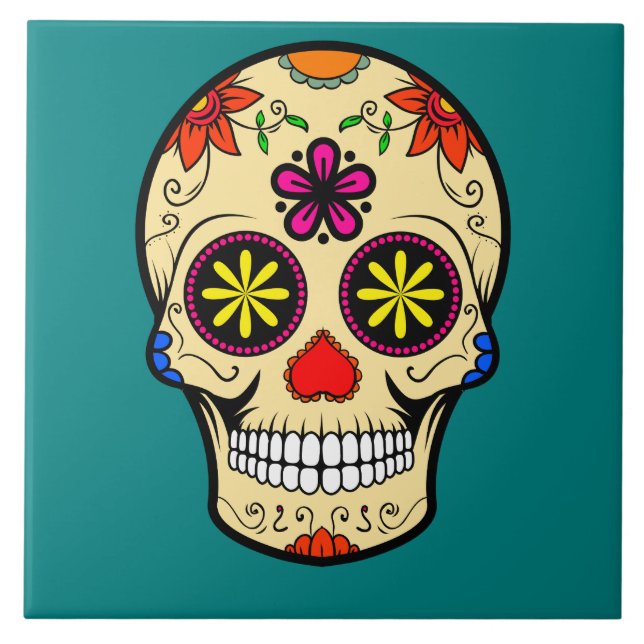 Sugar Skull Day of the Dead Teal Tile (Front)