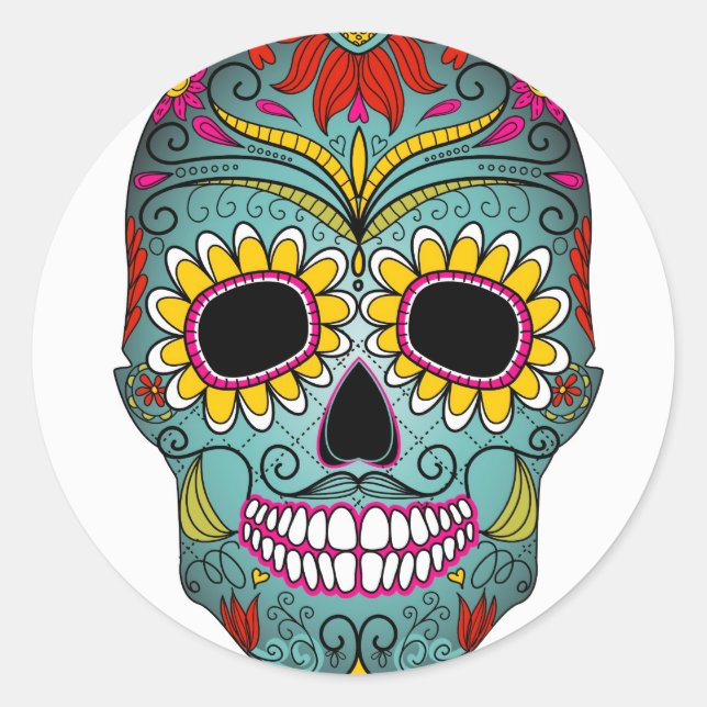 Sugar Skull Day of the Dead with floral ornaments Classic Round Sticker (Front)