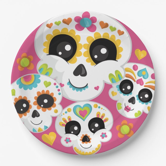 Sugar Skull Dia de La Muerte Halloween Birthday Paper Plate (Front)