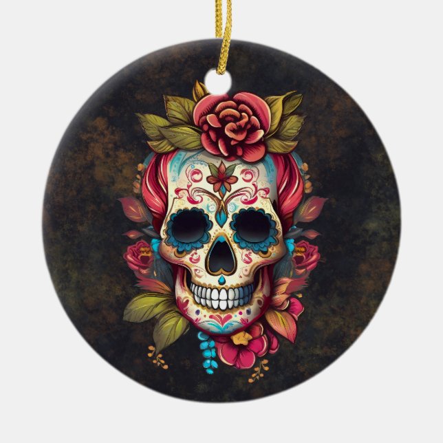 Sugar Skull Dia de los Muertos Ceramic Ornament (Front)